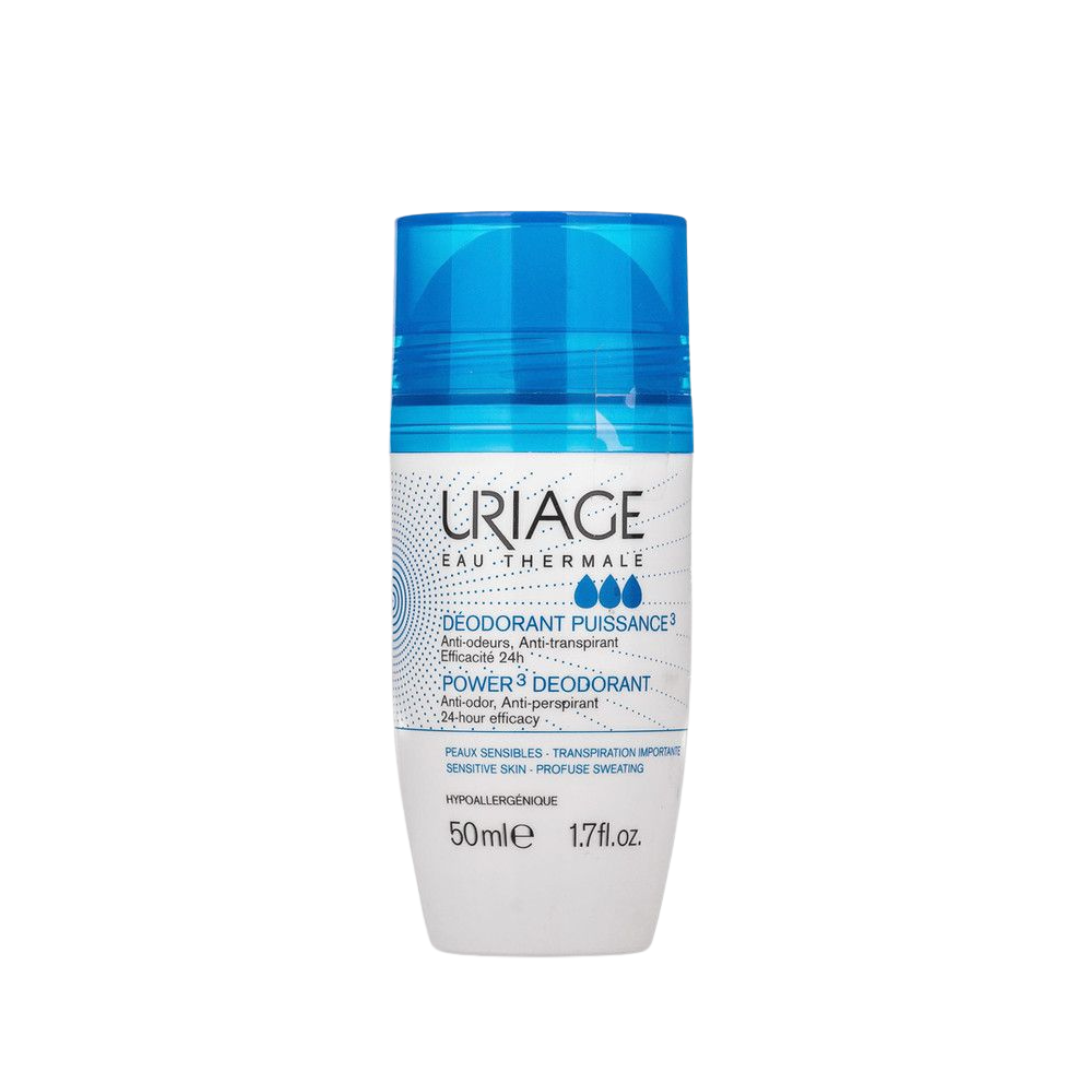 uriage deodorant power 3 roll on 50ml مزيل العرق بالمياه الحراريه يعطي روائح منعشه يحد من الأثار الصفراء والبيضاء على الملابس ، يحتوي على أملاح الألمنيوم مضاد للبكتيريا والأنزيمات مناسب للبشره الحساسه خالي من الكحول